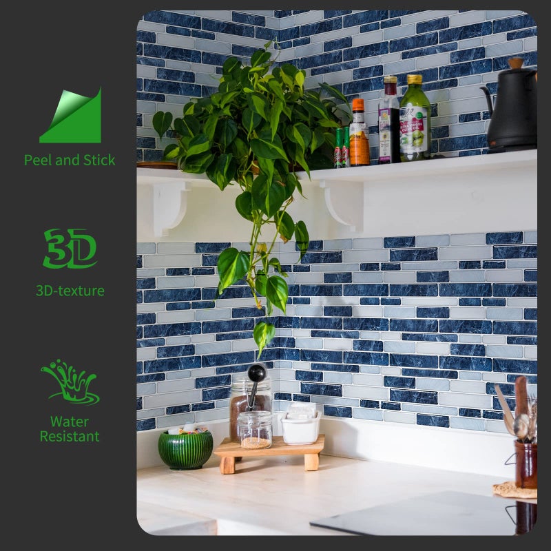 LONGKING Self-Adhesive Kitchen Backsplash, Marble Look Decorative Tiles (10 Tiles) (Dark Blue) - Image 2